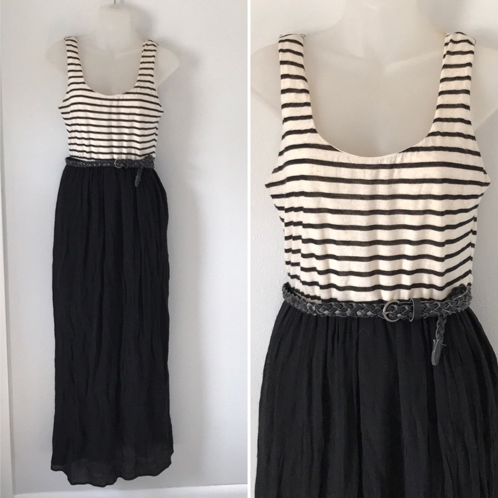 Black and cream striped maxi dress.